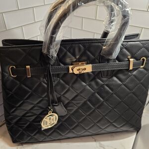 NWT Badgley Mischka Black Quilted Tote with Gold Accents
